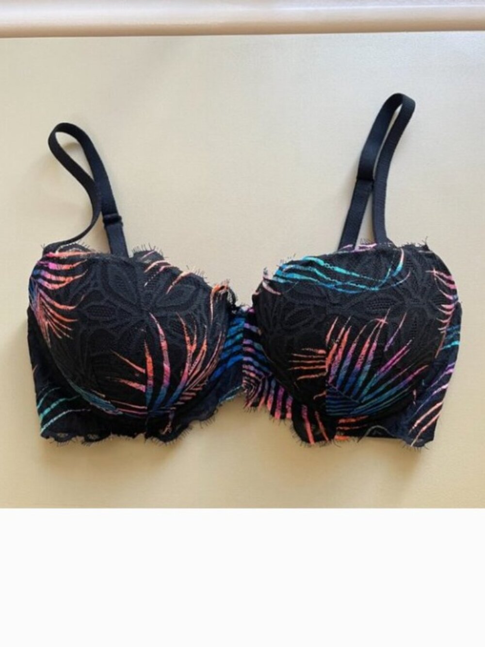 Victoria's Secret Pink Bra Date Push Up Lace Tropical Palm Leaf Black Multi 36D